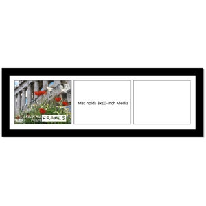 May include: Black double picture frame with a white mat. The frame holds two 8x10-inch photos. The left photo shows a building with red flowers in the foreground. The right photo is blank. The text "creative frames picture" is printed on the bottom left corner of the frame.
