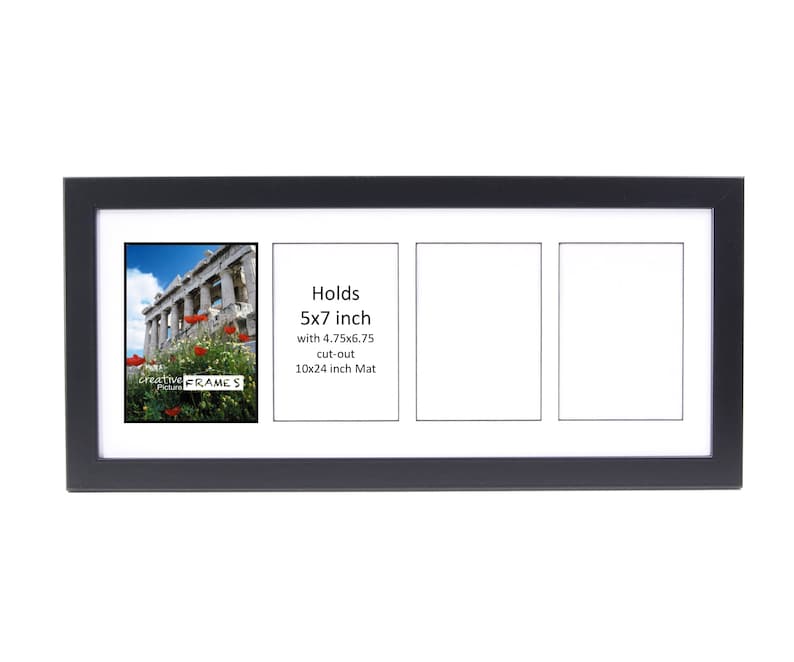 May include: Black triple picture frame with three 5x7 inch openings. The frame holds a 4.75x6.75 inch cut-out for each photo and a 10x24 inch mat. The frame is made of wood and has a black finish.