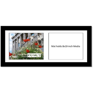 May include: Black double picture frame with a white mat. The left side of the frame features a photo of a stone building with red poppies in the foreground. The right side of the frame has the text "Mat holds 8x10-inch Media". The frame has the text "creative Picture FRAMES" in the bottom left corner.