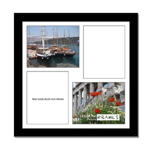 May include: Black multi-photo frame with four openings. The top left image shows boats in a harbor. The bottom right image shows red flowers and a building. The text "creative Picture FRAMES" is visible. The mat holds 8x10-inch media.