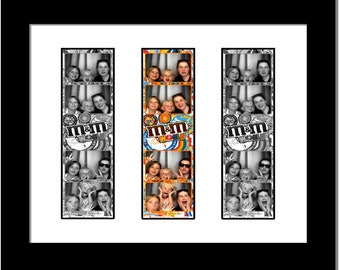 May include: A black and white photo booth strip with three columns of photos. Each column features a group of people posing in different ways. The photos are framed with a colorful border that says "m&m's world".