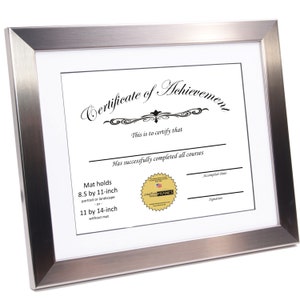 Stainless Steel Diploma Frame - Displays 8.5x11 with Mat or 11x14-inch - Certificate Frame, Document Frame, Degree Frame