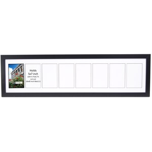 May include: Black picture frame with six openings for 5x7 inch photos. Holds photos with a 4.75 inch cut-out. 10x40 inch mat size.
