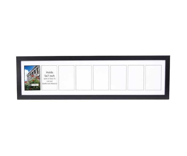 May include: Black picture frame with six openings for 5x7 inch photos. Holds photos with a 4.75 inch cut-out. 10x40 inch mat size.