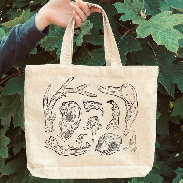 Lil' Bag of Bones | Hand Printed Tote Bag | Linocut Block Print Bone Bag