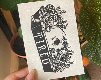 DEAD TIRED | Lino Print | Coffin with Skull and Flowers