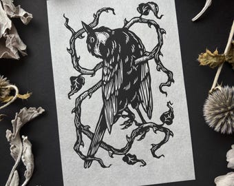 BRAMBLE | Lino Print | Bird in Thorns