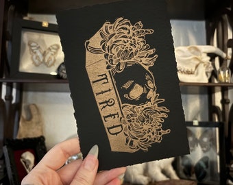DEAD TIRED *GOLD* | Lino Print | Floral Coffin | Limited Edition