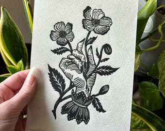 DESIDERIUM | Lino Print | Victorian hand with flowers