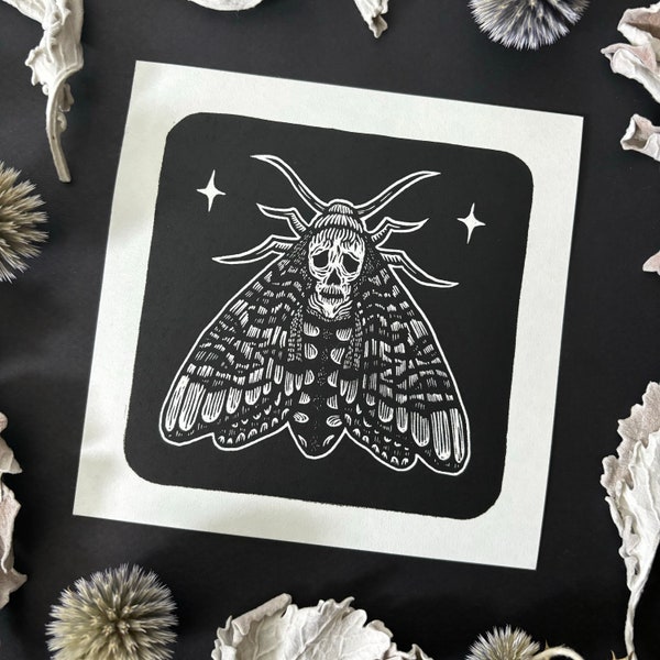 DEATH MOTH | Lino Print | Death’s Head Moth and Stars