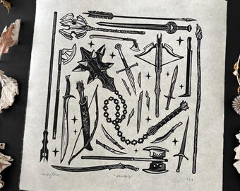 ARMORY | Lino Print | Weapons of LOTR