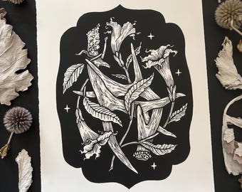 CLASH | Lino Print | Antlers & Datura