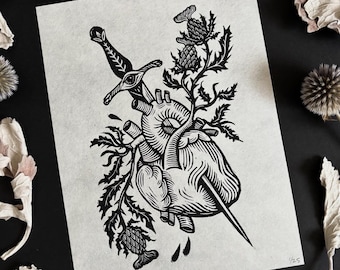 WOUNDS | Lino Print | Heart with Dagger and Thistles