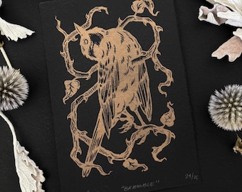 BRAMBLE *GOLD* | Lino Print | Bird in Thorns