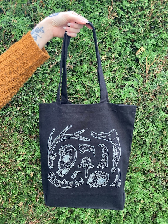 Hand-printed Linocut Black Canvas Tote Lil' Bag of Bones