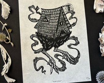BABA YAGA | Lino Print | Black / Gold Halloween Decor