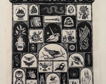 WUNDERKAMMER ***Pre-Order***| Hand Printed Linocut | Halloween Curio Cabinet