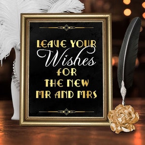 Hochzeit Glückwünsche Zeichen. Gästebuch, Hochzeitsempfang Bitte hinterlassen Sie Ihre Wünsche für den neuen Mr und Mrs Great Gatsby-Druck, Art-Deco-Hochzeit