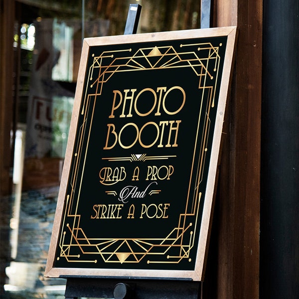 Photo booth printable sign for DIY Great Gatsby wedding. Grab a Prop and Strike a pose. Roaring 20s party decoration. Digital download print