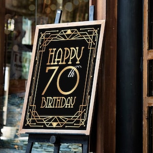 Happy 70th birthday sign, printable birthday poster. Seventieth birthday party print, BDay celebration, Great Gatsby style, Roaring 20s