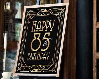 Happy 85th birthday sign, printable birthday poster. Eighty fifth birthday party print, BDay celebration, Great Gatsby style, Roaring 20s