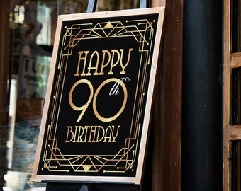 Happy 90th birthday sign, printable birthday poster. Ninetieth birthday party print, BDay celebration, Great Gatsby style, Roaring 20s
