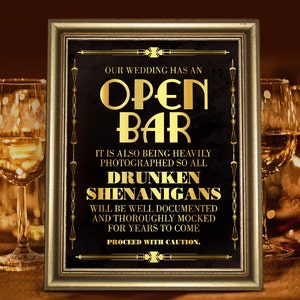 Open bar wedding sign. Great Gatsby themed party supplies. Roaring 20s printable wedding bar sign. Black and gold print party decorations
