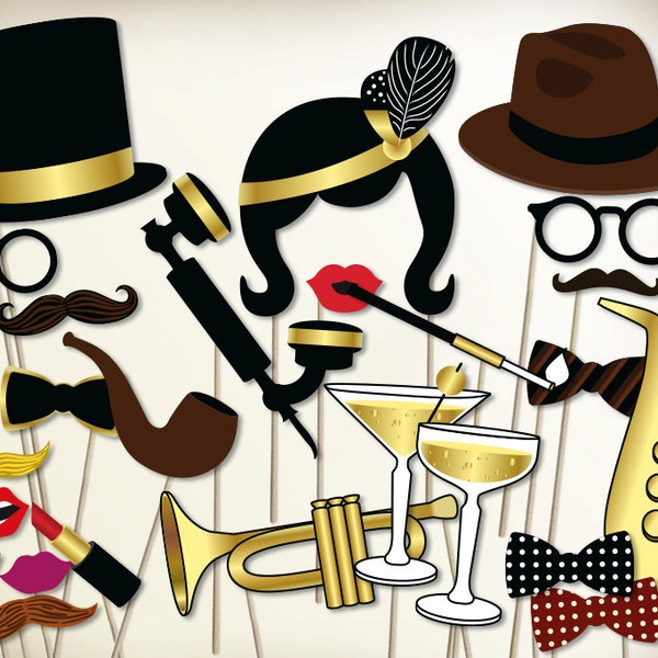 PDF stampabile per accessori per cabine fotografiche. Grandi oggetti di scena di Gatsby. Bellissimo servizio fotografico di Gatsby. Cabina fotografica di Capodanno. Festa del proibizionismo. I ruggenti anni '20