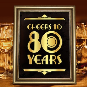 Birthday party supplies. Cheers to 80 years printable sign. 80th birthday decor. Birthday party decorations. Great Gatsby roaring 20s decor.