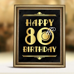 Birthday party supplies. Happy 80th birthday printable sign. 80th birthday decor. Birthday party decorations. Great Gatsby roaring 20s decor