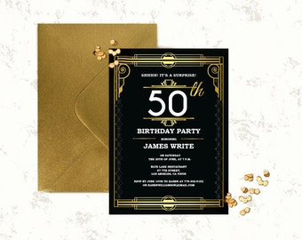 Great gatsby birthday invitation template. Art deco invitation DIY template. Roaring 20s pdf. Black and gold Printable invitation vintage