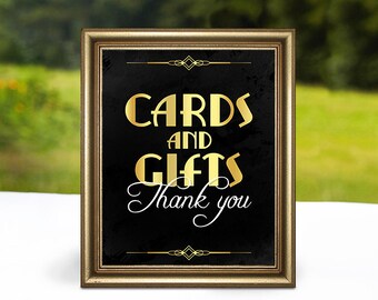 Signe de cartes et de cadeaux. Décorations de mariage imprimables. Merci de signer pour le mariage. Gatsby rugissant décorations de fête des années 20. Bannière noir et or