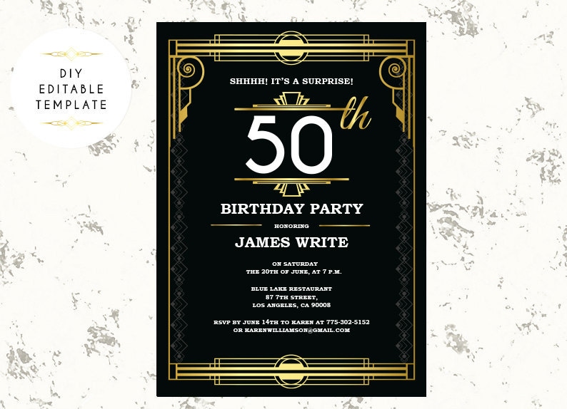 Great Gatsby Birthday Invitation Template Art Deco Invitation Etsy