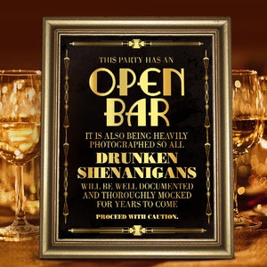 Open bar sign printable. Bar decorations. Great Gatsby party supplies. Roaring 20s printable bar sign. Black and gold. Alcohol sign download