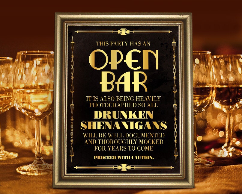 Open bar sign printable. Bar decorations. Great Gatsby party supplies.  Roaring 20s printable bar sign. Black and gold. Alcohol sign download