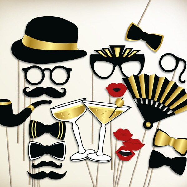 Accessori per cabine fotografiche Gatsby PDF STAMPABILE. Fantastici oggetti di scena per la festa di Gatsby. Photobooth per feste dei ruggenti anni Venti. Festa dei ruggenti anni '20. Oggetti di scena neri e dorati