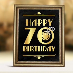 Birthday decorations. Happy 70th birthday printable sign. 70th birthday decor. Birthday party supplies. Great Gatsby roaring 20s decor.
