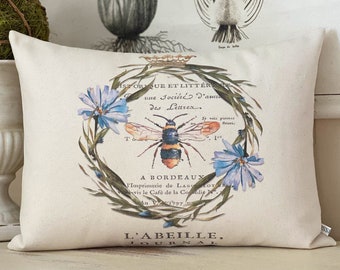 French Bee Crown Wreath Pillow Cover: watercolor bee; Farmhouse, cottage core Lumbar Pillow #208