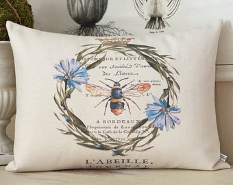 French Bee Crown Wreath pillow cover; L'abeille pillow; French lumbar pillow; French country, shabby, cottage, farmhouse decor; #208