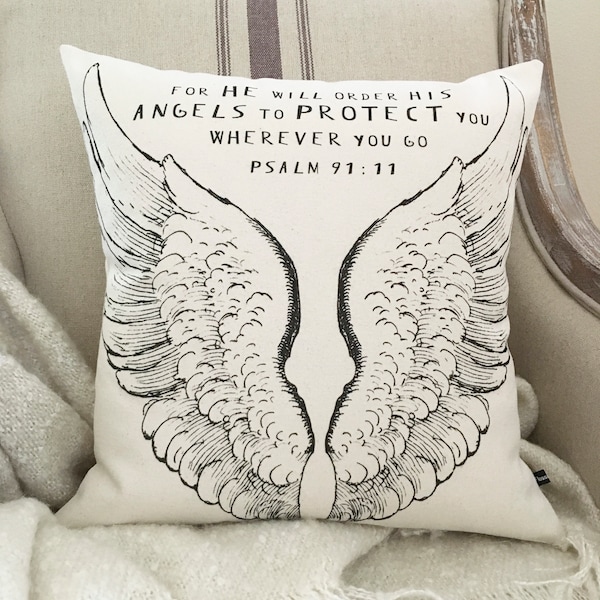 Angel Wings pillow cover; Psalm 91:11 pillow; layering pillow; Christian, Scripture, Prayer decor; #711