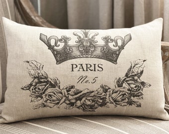 Paris Crown Rose Wreath pillow cover; French lumbar pillow; French country, cottage, shabby decor; #242