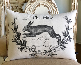 French Hare Bunny Rabbit pillow cover; French lumbar pillow; French, farmhouse, cottage, shabby decor; #244