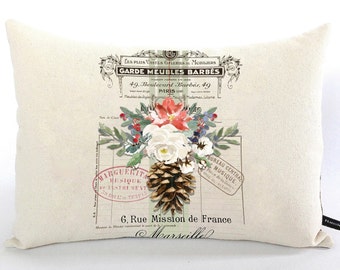 Pinecone pillow cover; Christmas floral pillow; Winter pillow; French lumbar pillow; French country, Shabby, cottage holiday decor; #503