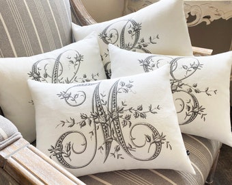 French Initial Lumbar Pillow Cover: Rosebud Print, Cottage Decor #203