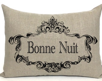 Bonne Nuit pillow cover; French Good Night pillow; French lumbar pillow; French country, cottage, shabby decor; #808