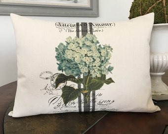 French Ephemera Blue Hydrangea pillow cover; French lumbar pillow; French, cottage, shabby decor; #249