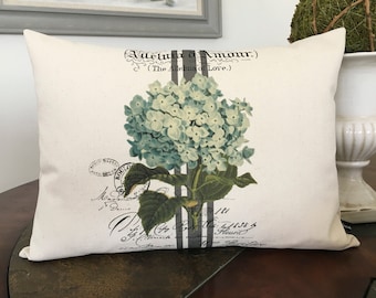 Blue Hydrangea Lumbar Pillow Cover: French Ephemera Cottage Decor #249