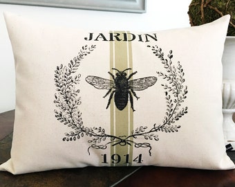 French Garden Bee pillow cover; French lumbar pillow; French Country, Cottage, Farmhouse, Shabby decor; #214