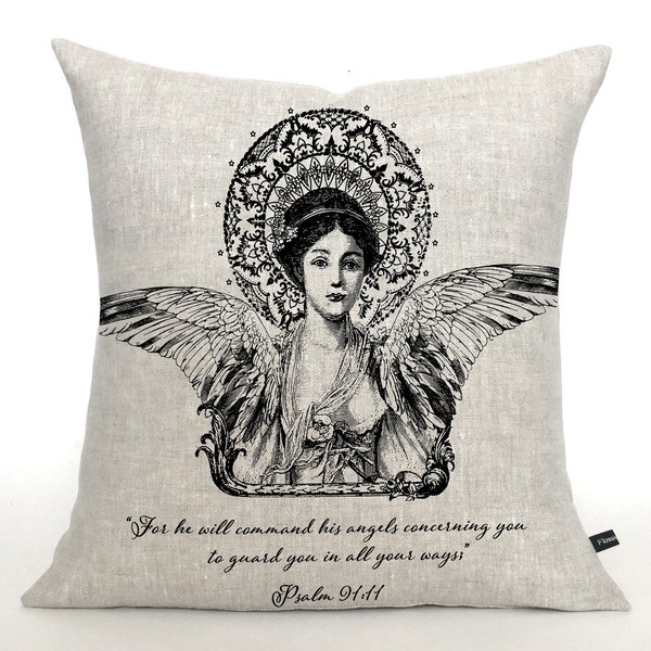 Angel pillow; Psalm 91:11 pillow cover; layering pillow; Christian, Scripture, Prayer decor; #750