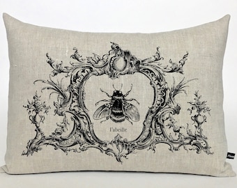 French Bee Lumbar Pillow Cover: Rustic Linen Cottage Decor #227